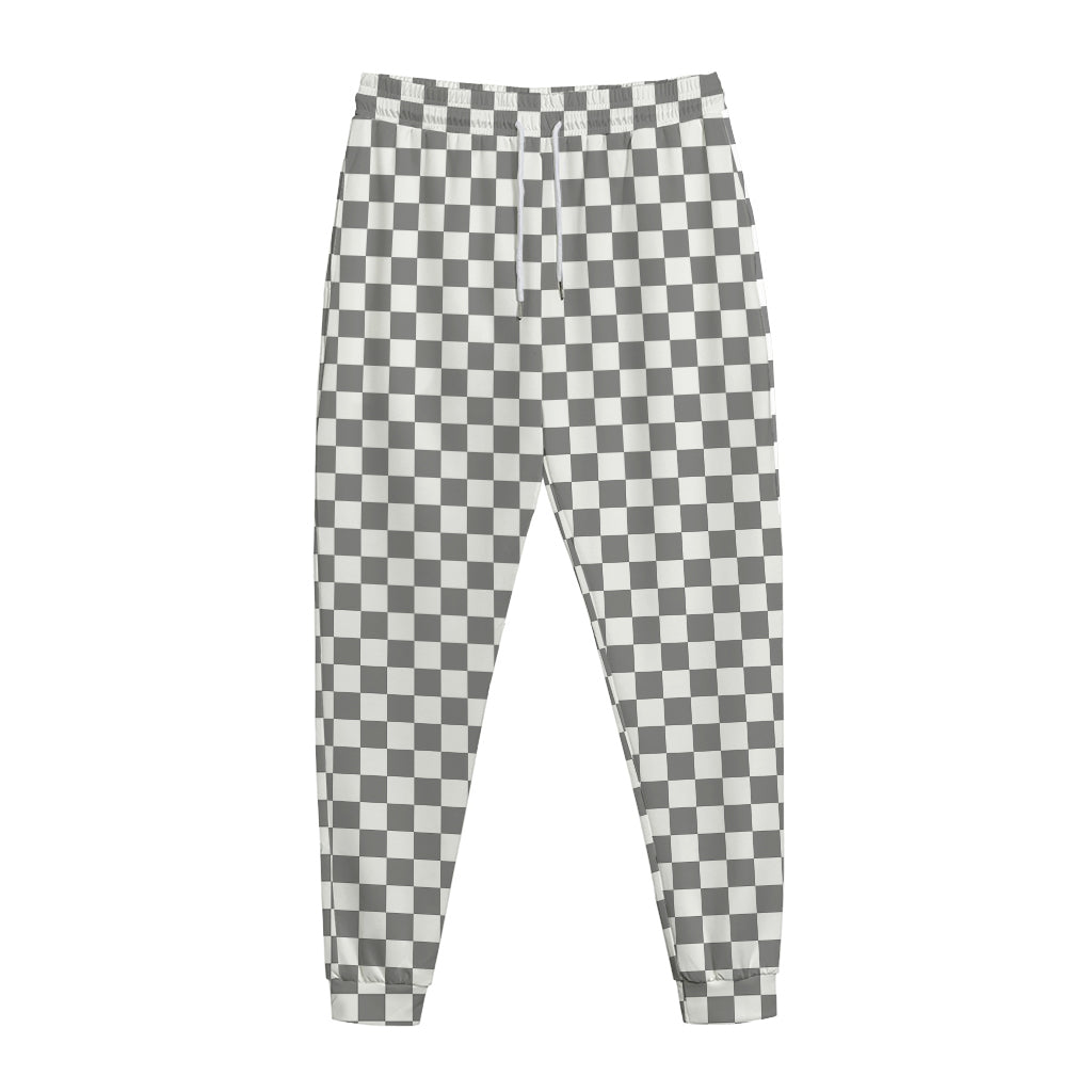Grey And White Checkered Pattern Print Jogger Pants