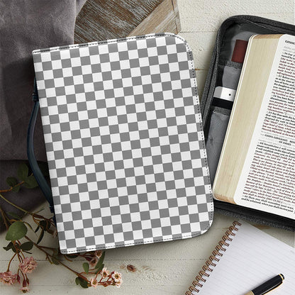 Grey And White Checkered Pattern Print Leather Bible Cover