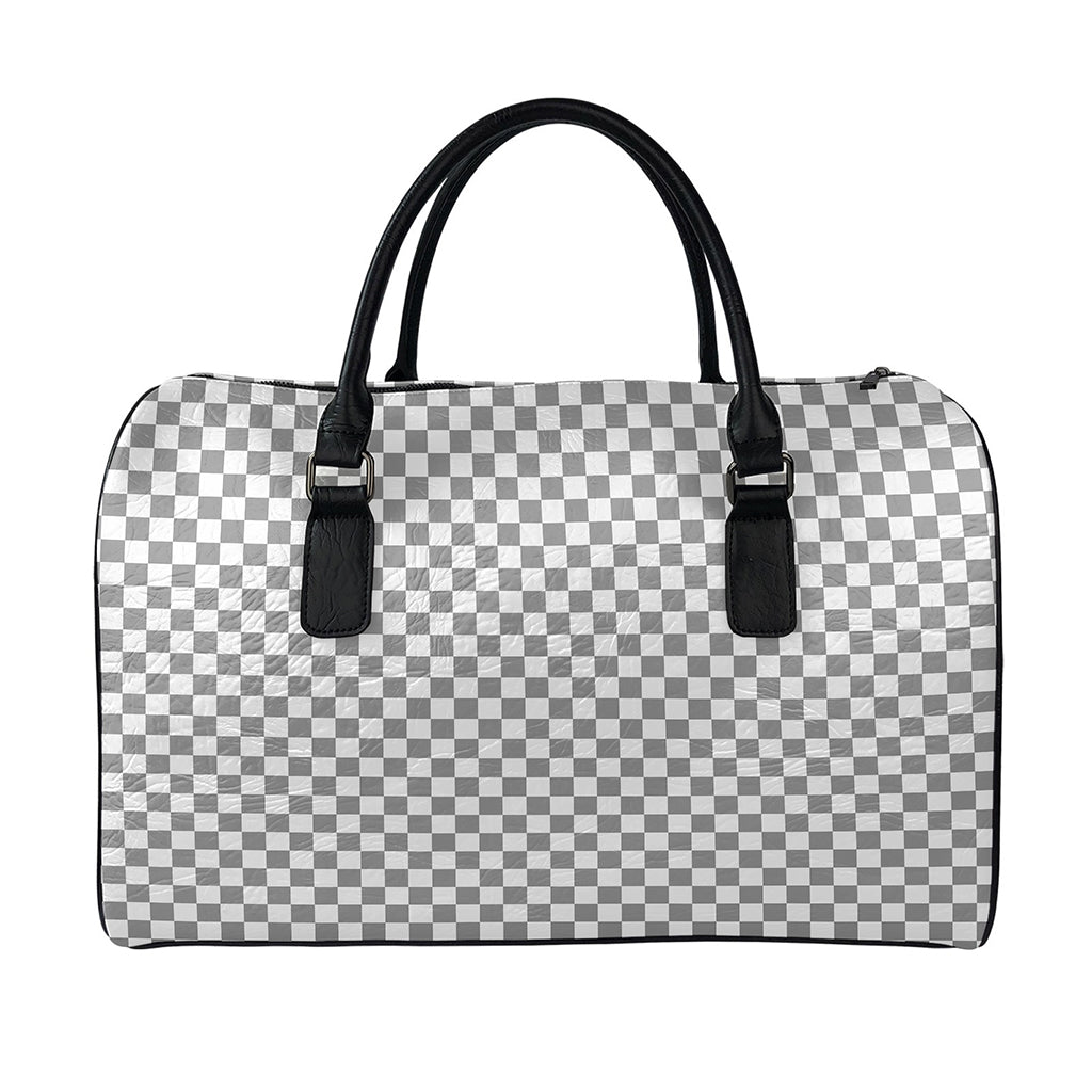 Grey And White Checkered Pattern Print Leather Duffle Bag