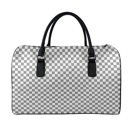 Grey And White Checkered Pattern Print Leather Duffle Bag