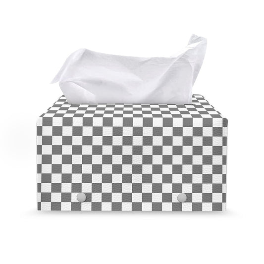 Grey And White Checkered Pattern Print Leather Tissue Box Cover