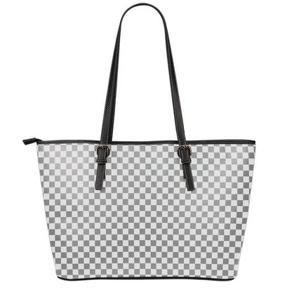 Grey And White Checkered Pattern Print Leather Tote Bag