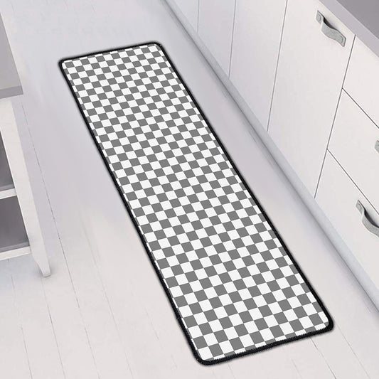 Grey And White Checkered Pattern Print Long Kitchen Mat