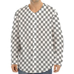 Grey And White Checkered Pattern Print Long Sleeve Baseball Jersey
