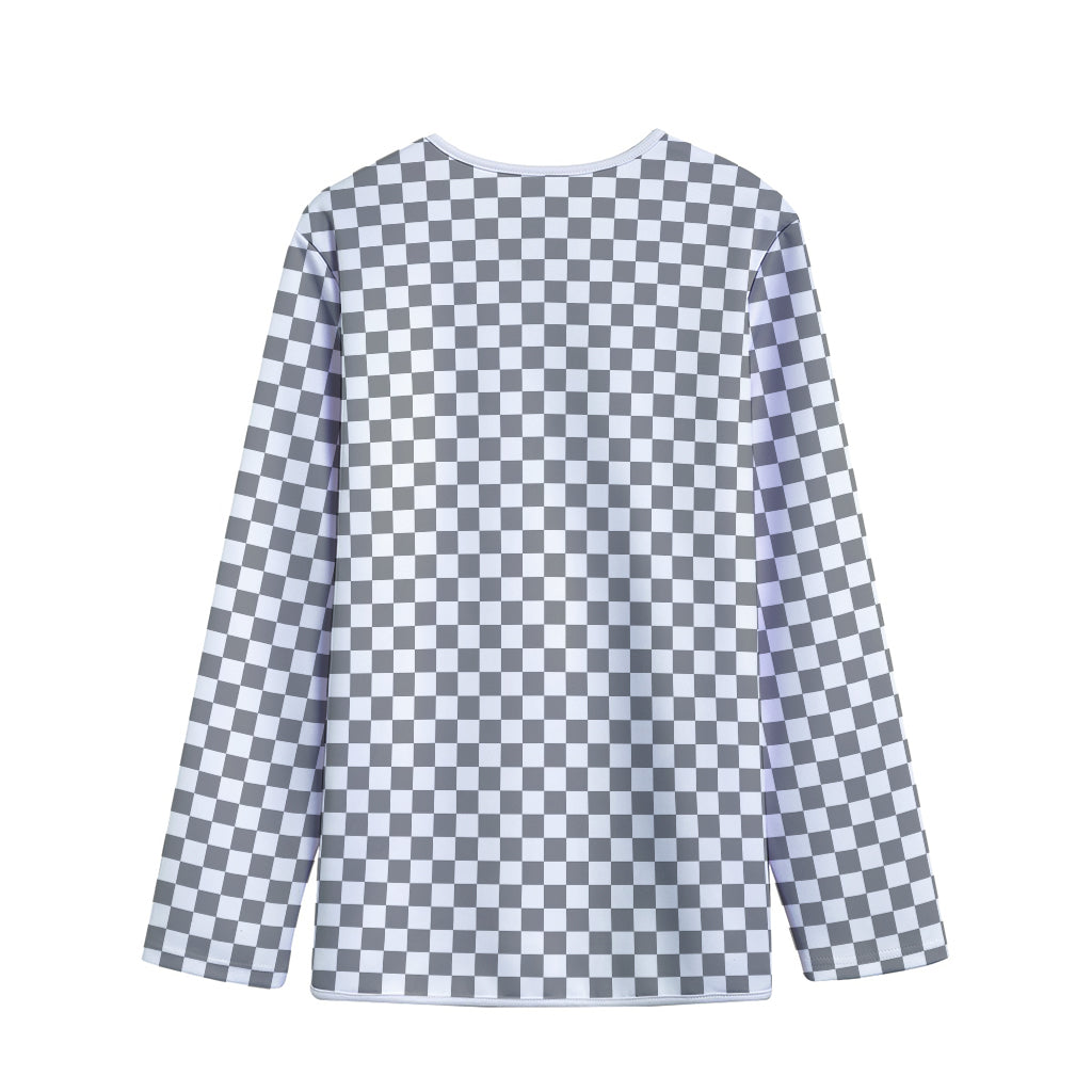 Grey And White Checkered Pattern Print Long Sleeve Short Coat
