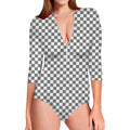 Grey And White Checkered Pattern Print Long Sleeve Swimsuit