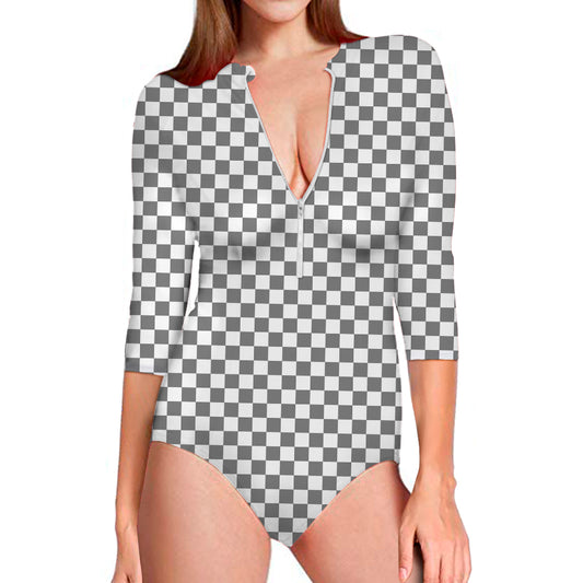 Grey And White Checkered Pattern Print Long Sleeve Swimsuit
