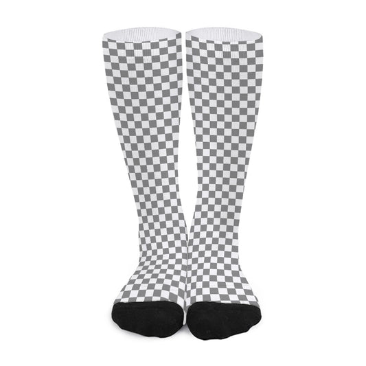 Grey And White Checkered Pattern Print Long Socks