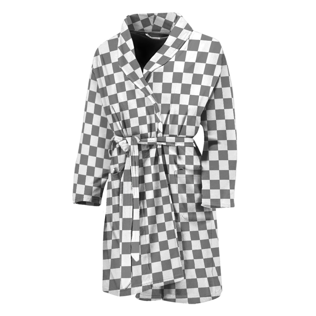 Grey And White Checkered Pattern Print Men's Bathrobe