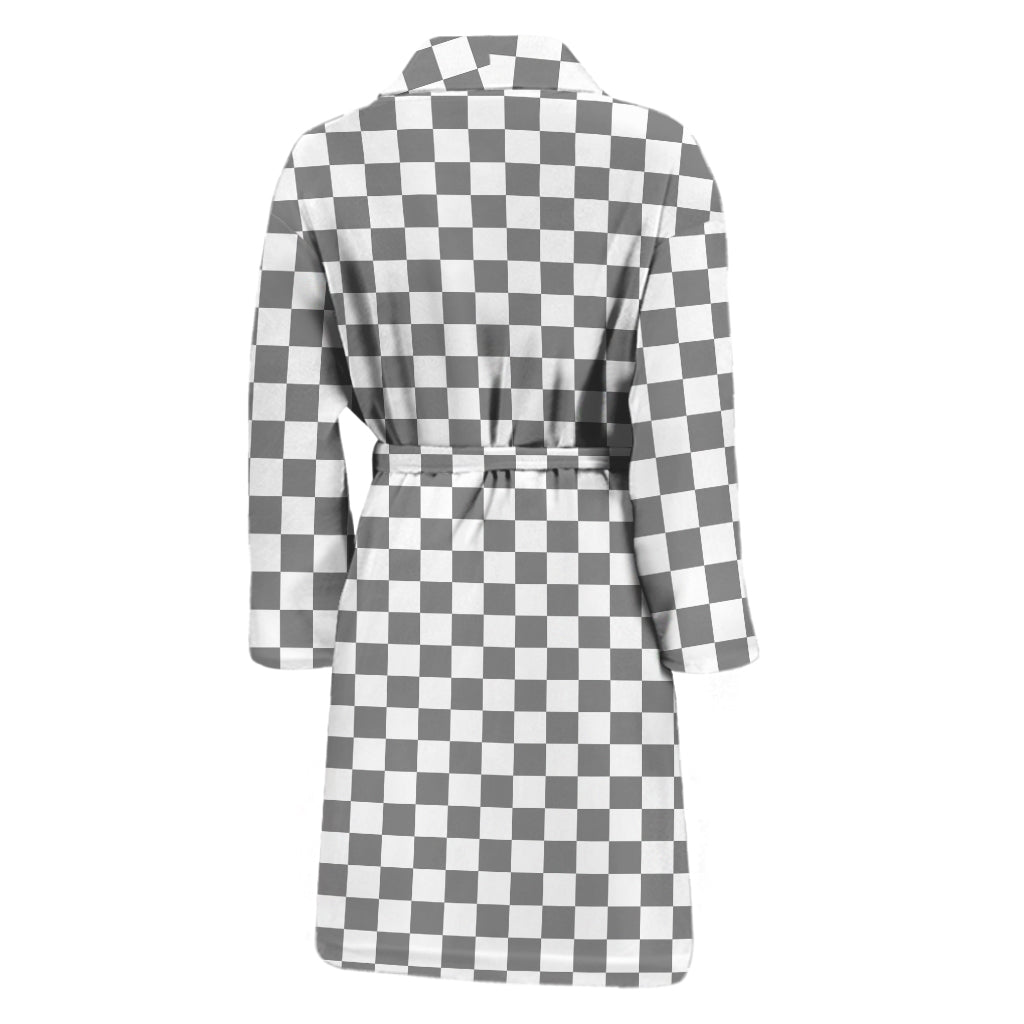 Grey And White Checkered Pattern Print Men's Bathrobe