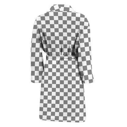 Grey And White Checkered Pattern Print Men's Bathrobe