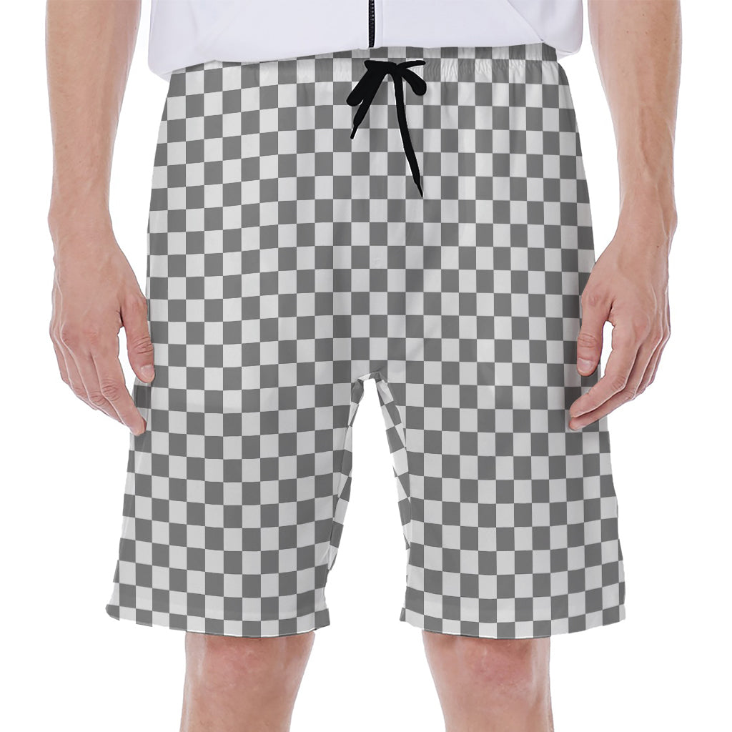 Grey And White Checkered Pattern Print Men's Beach Shorts
