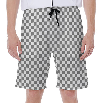 Grey And White Checkered Pattern Print Men's Beach Shorts