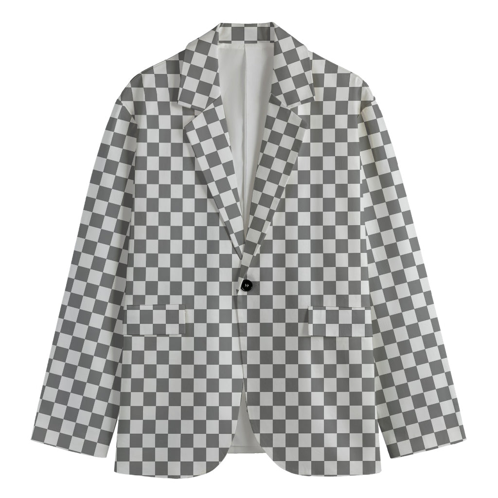 Grey And White Checkered Pattern Print Men's Blazer
