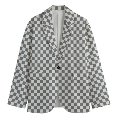 Grey And White Checkered Pattern Print Men's Blazer