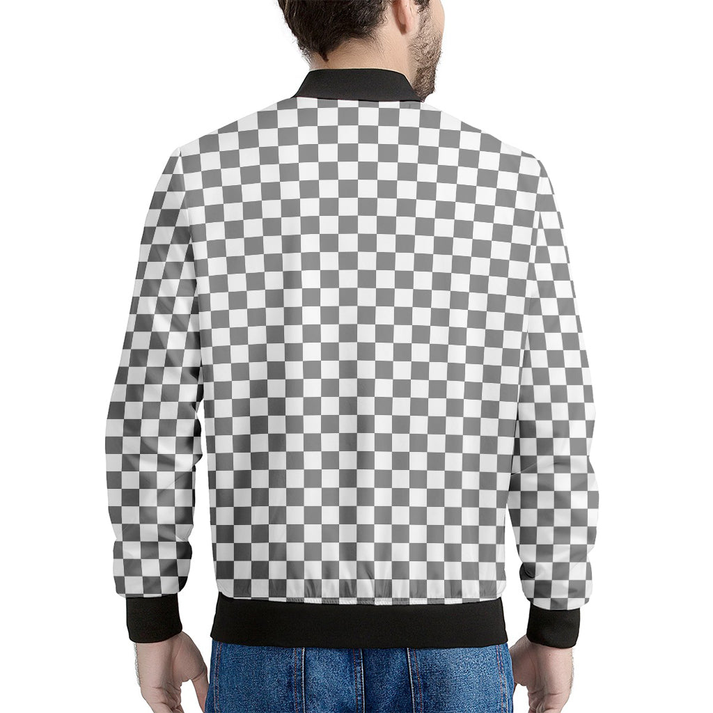 Grey And White Checkered Pattern Print Men's Bomber Jacket