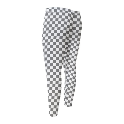 Grey And White Checkered Pattern Print Men's Compression Pants