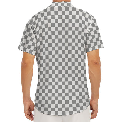 Grey And White Checkered Pattern Print Men's Deep V-Neck Shirt