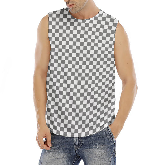 Grey And White Checkered Pattern Print Men's Fitness Tank Top
