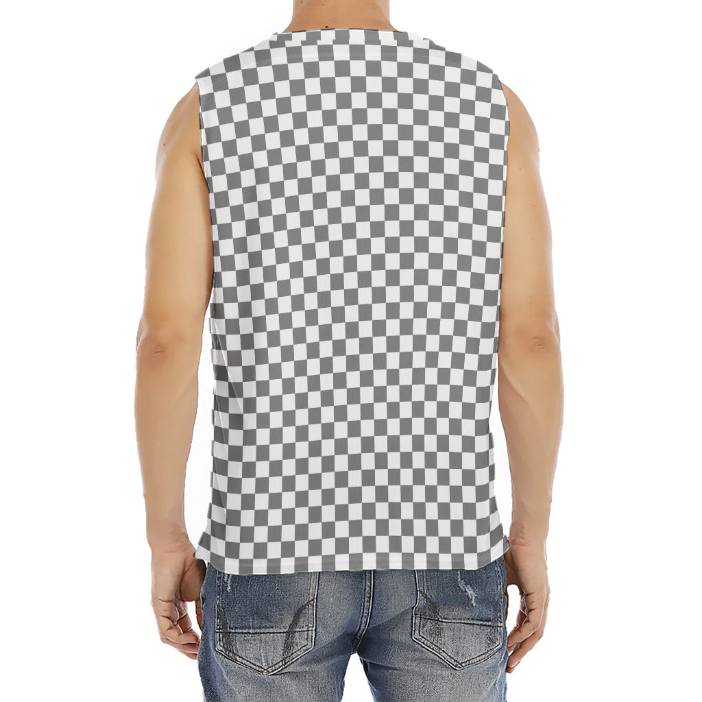 Grey And White Checkered Pattern Print Men's Fitness Tank Top