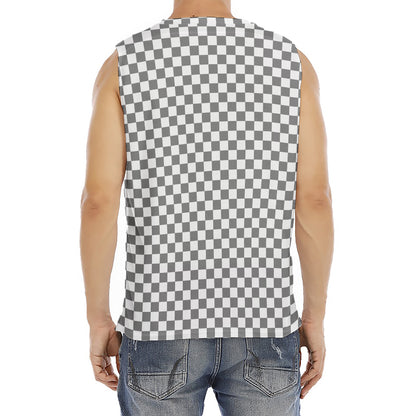 Grey And White Checkered Pattern Print Men's Fitness Tank Top