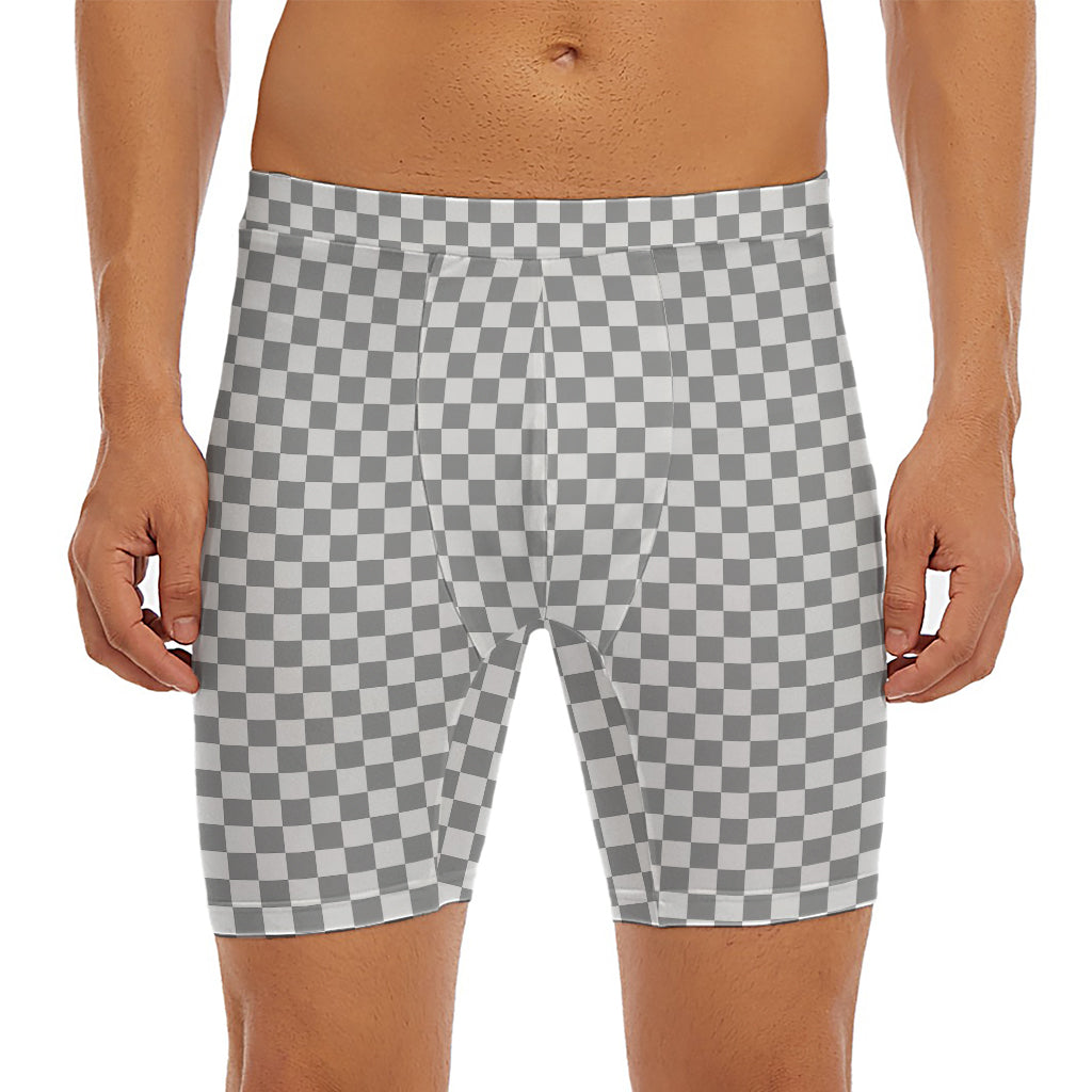 Grey And White Checkered Pattern Print Men's Long Boxer Briefs