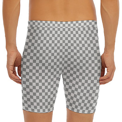 Grey And White Checkered Pattern Print Men's Long Boxer Briefs