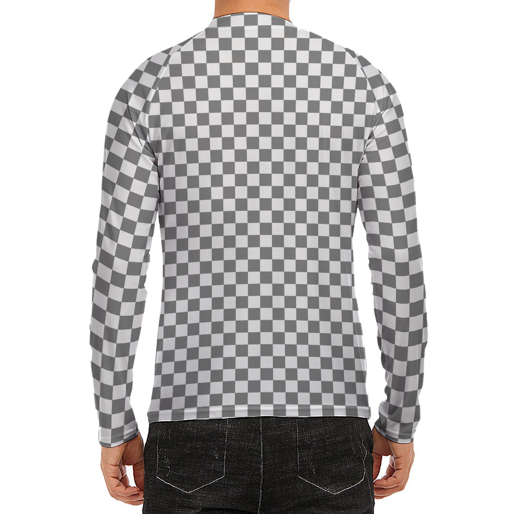 Grey And White Checkered Pattern Print Men's Long Sleeve Rash Guard