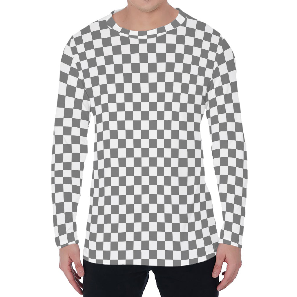 Grey And White Checkered Pattern Print Men's Long Sleeve T-Shirt