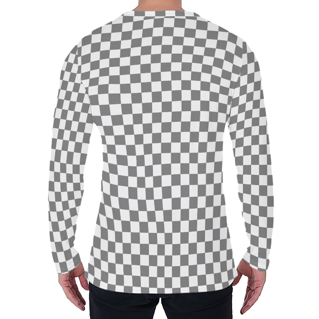 Grey And White Checkered Pattern Print Men's Long Sleeve T-Shirt