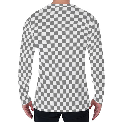 Grey And White Checkered Pattern Print Men's Long Sleeve T-Shirt