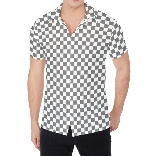 Grey And White Checkered Pattern Print Men's Shirt
