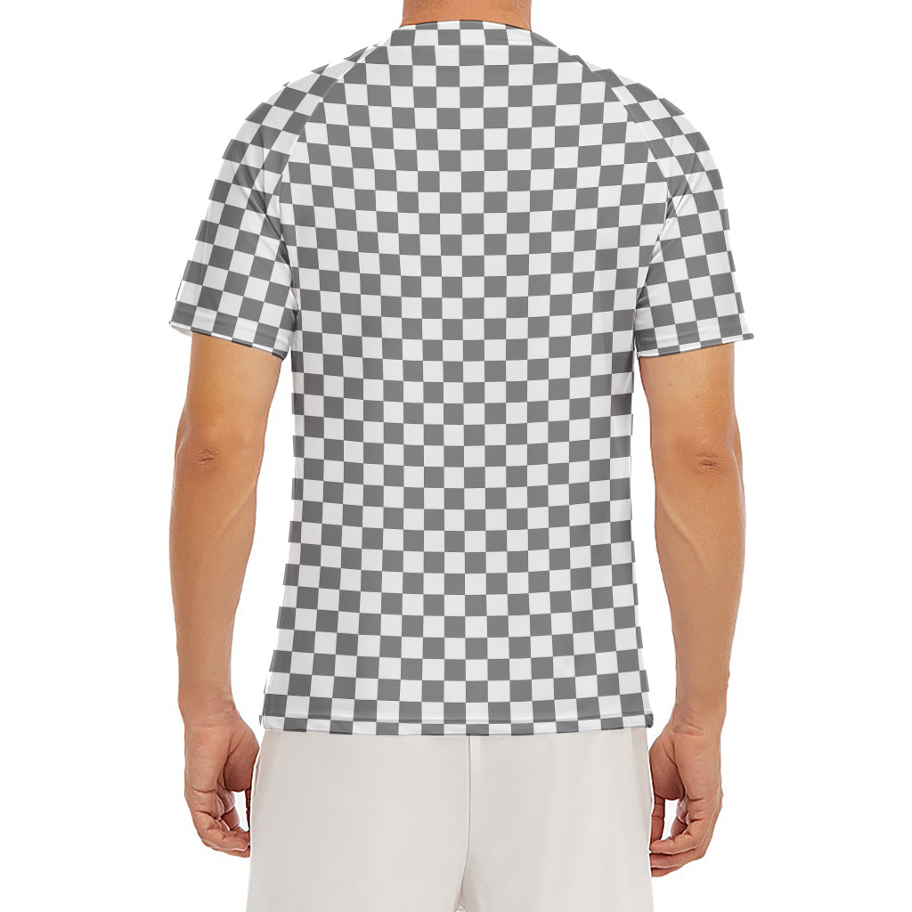 Grey And White Checkered Pattern Print Men's Short Sleeve Rash Guard