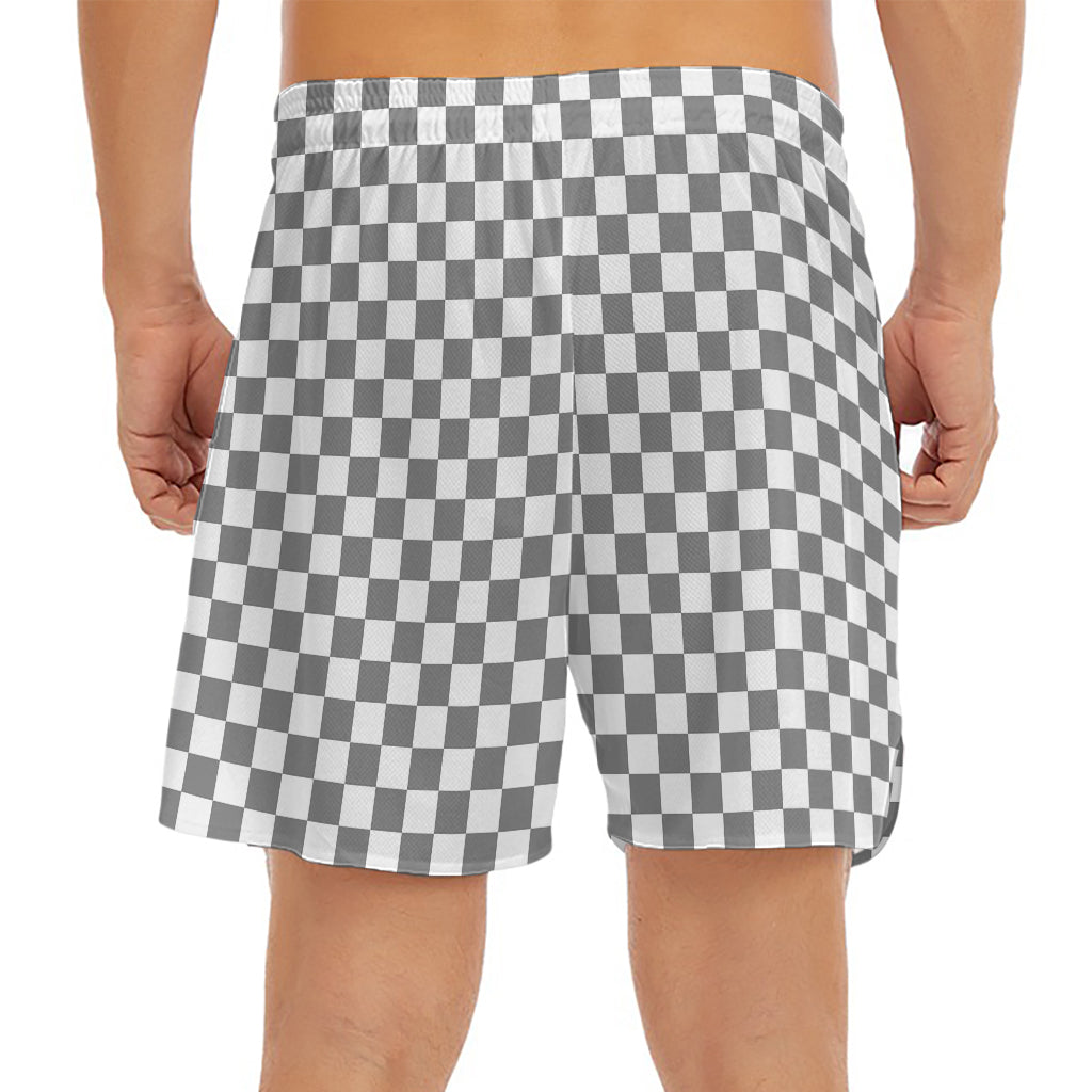 Grey And White Checkered Pattern Print Men's Split Running Shorts