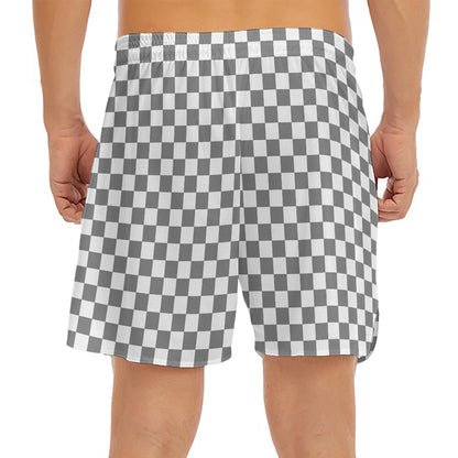 Grey And White Checkered Pattern Print Men's Split Running Shorts