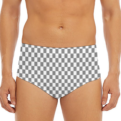 Grey And White Checkered Pattern Print Men's Triangle Swim Briefs