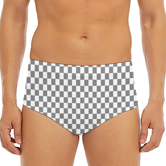 Grey And White Checkered Pattern Print Men's Triangle Swim Briefs