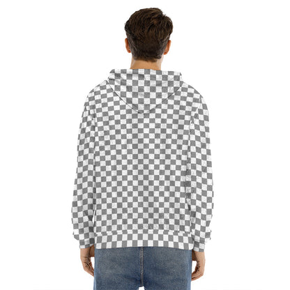 Grey And White Checkered Pattern Print Men's Velvet Pullover Hoodie
