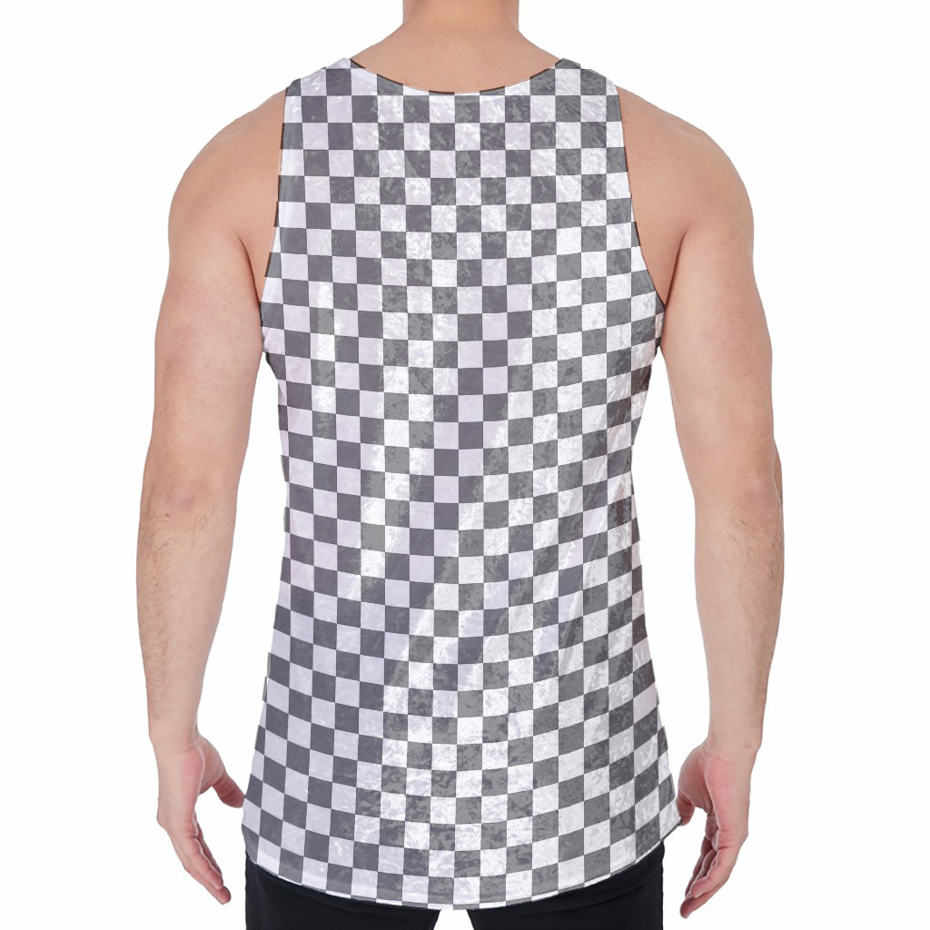 Grey And White Checkered Pattern Print Men's Velvet Tank Top