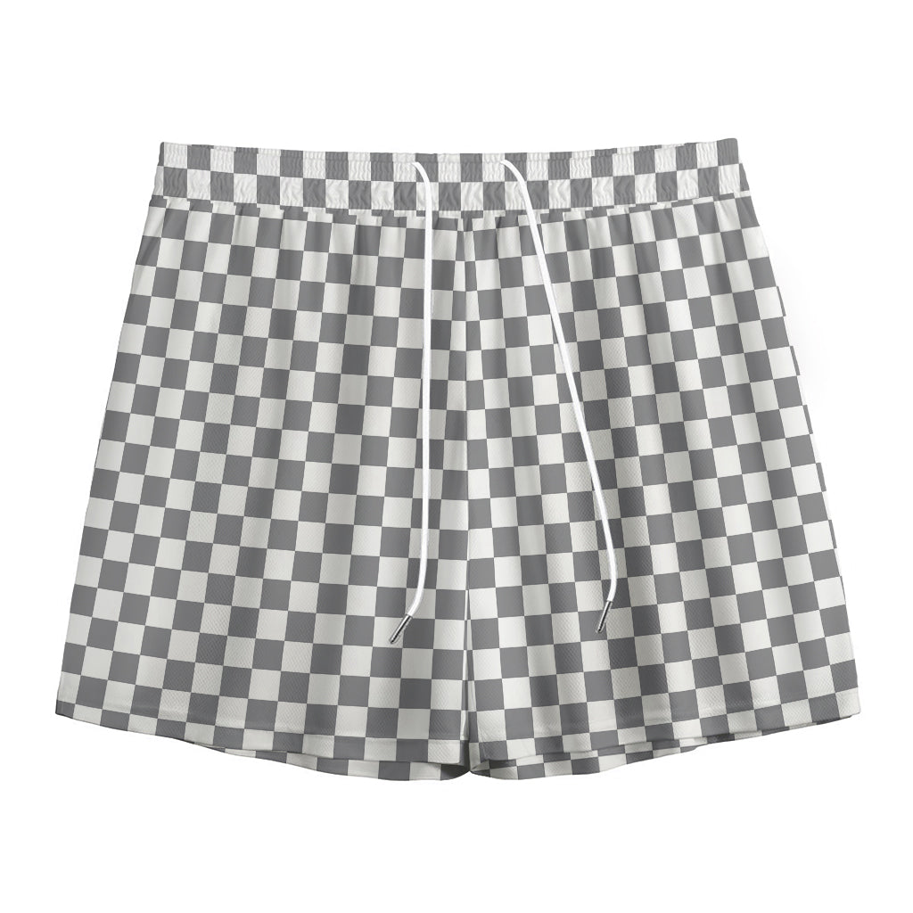 Grey And White Checkered Pattern Print Mesh Shorts