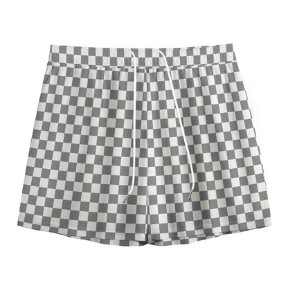 Grey And White Checkered Pattern Print Mesh Shorts