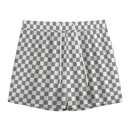 Grey And White Checkered Pattern Print Mesh Shorts
