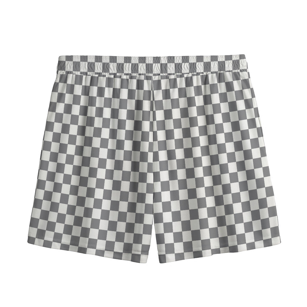 Grey And White Checkered Pattern Print Mesh Shorts