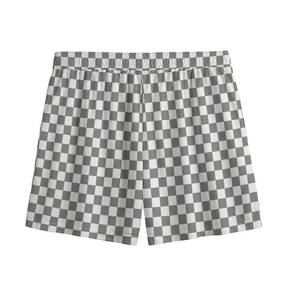 Grey And White Checkered Pattern Print Mesh Shorts