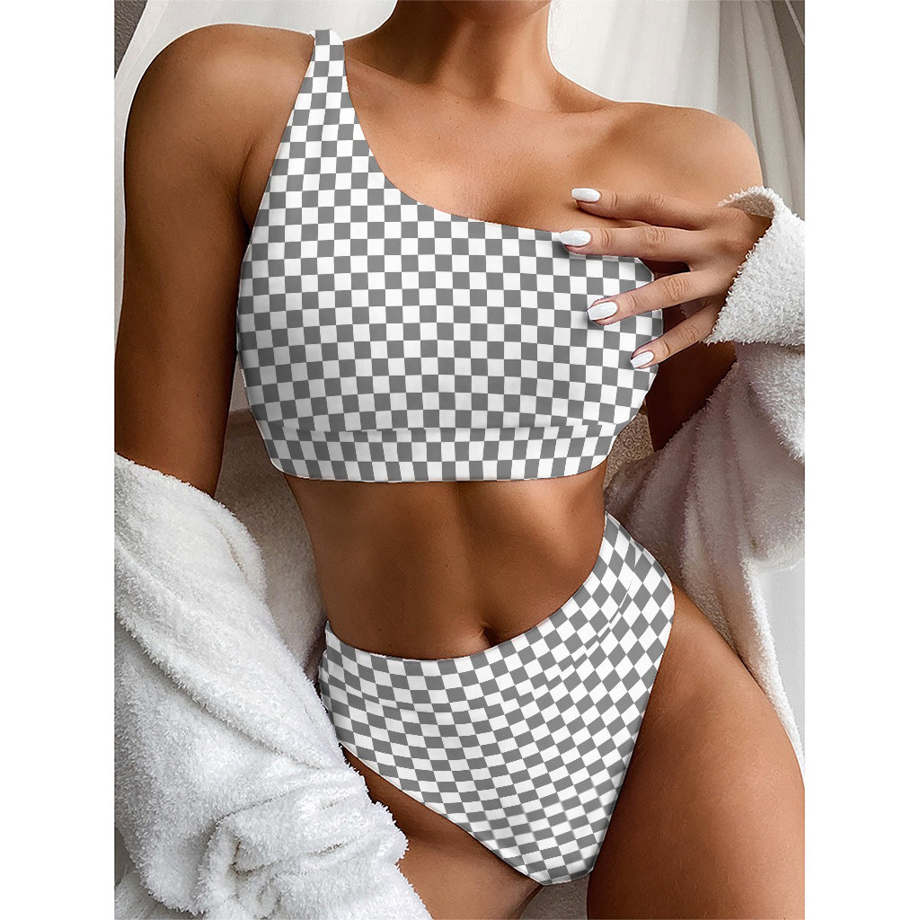 Grey And White Checkered Pattern Print One Shoulder Bikini Top