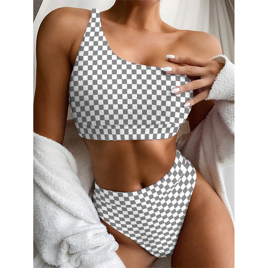 Grey And White Checkered Pattern Print One Shoulder Bikini Top