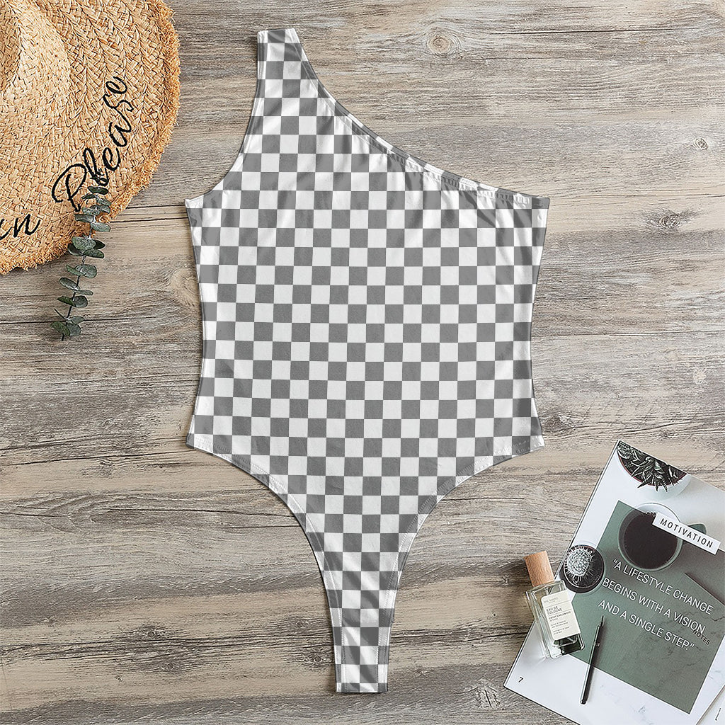 Grey And White Checkered Pattern Print One Shoulder Bodysuit
