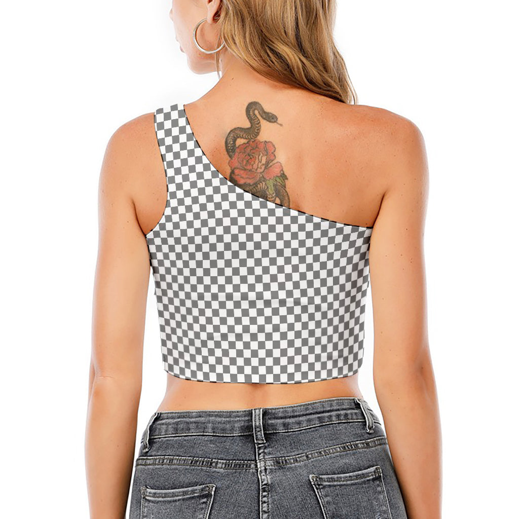 Grey And White Checkered Pattern Print One Shoulder Crop Top