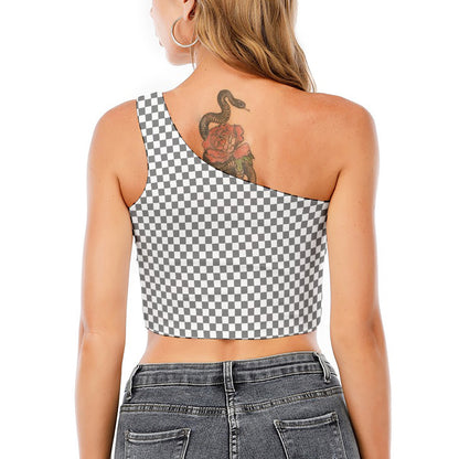 Grey And White Checkered Pattern Print One Shoulder Crop Top
