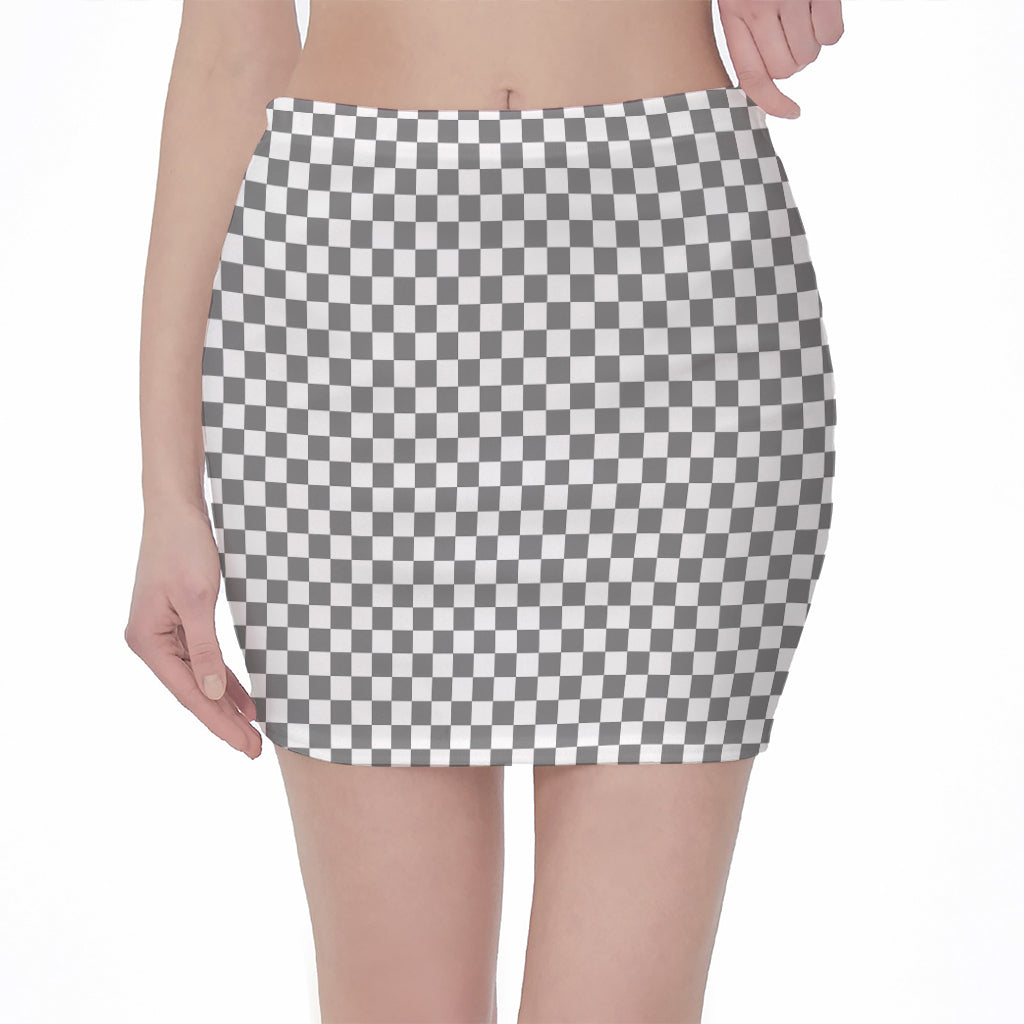 Grey And White Checkered Pattern Print Pencil Mini Skirt
